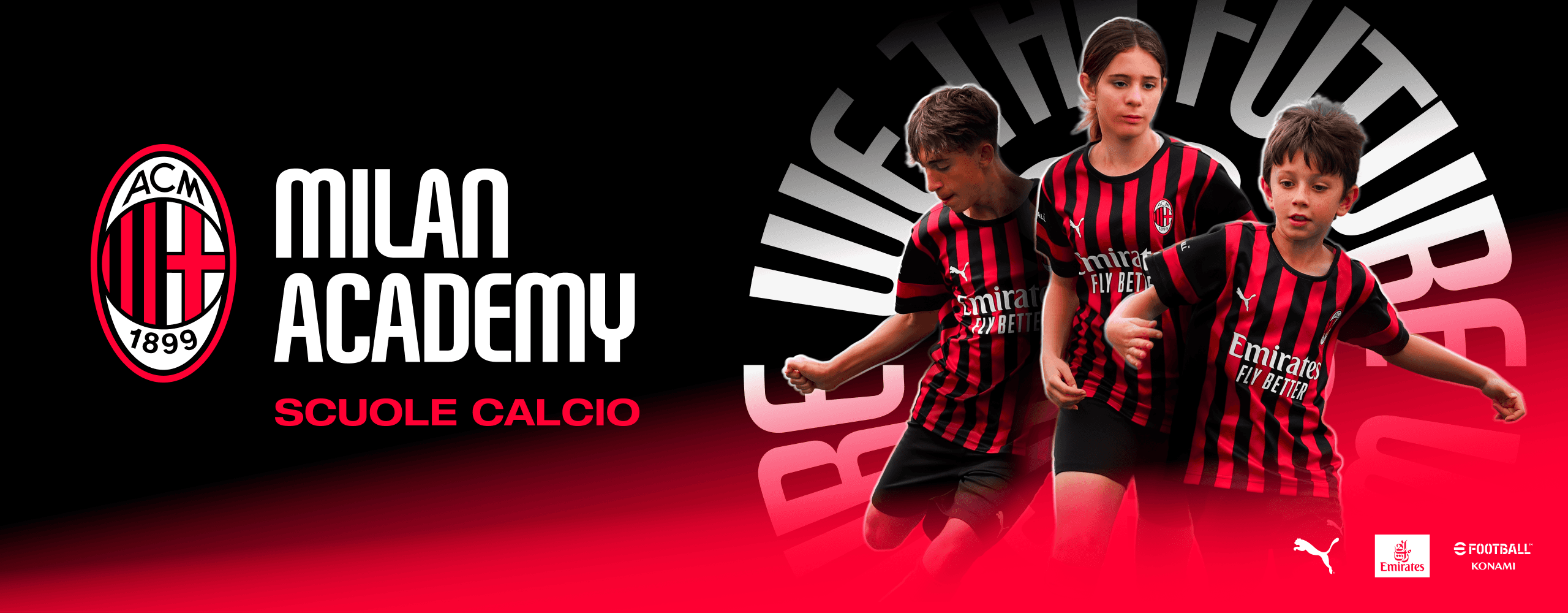 Logo Scuole Calcio Milan Academy con accanto bambini che corrono