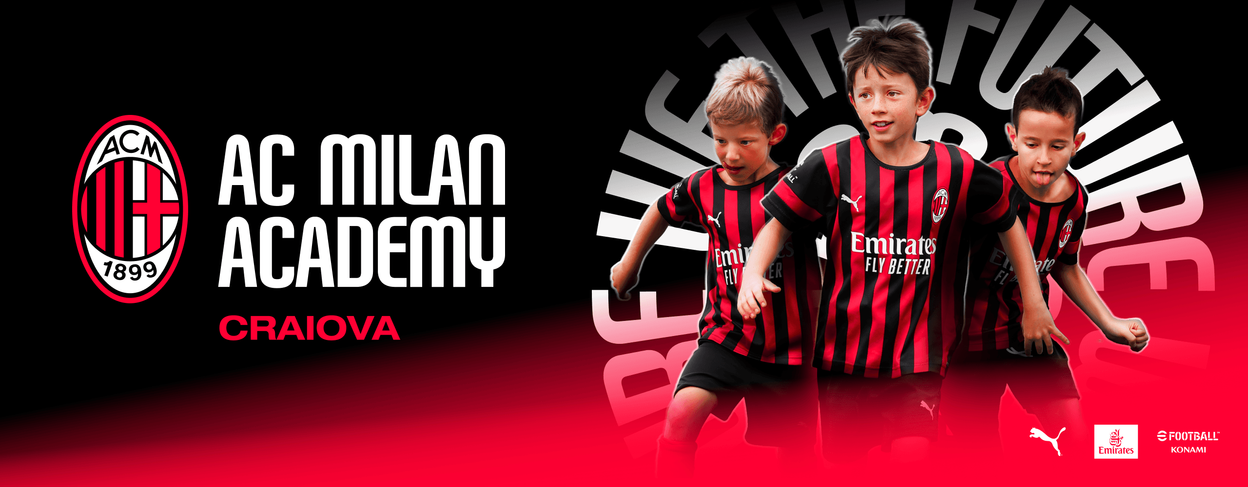 Milan Academy logo Craiova with children next to them cheering after a goal