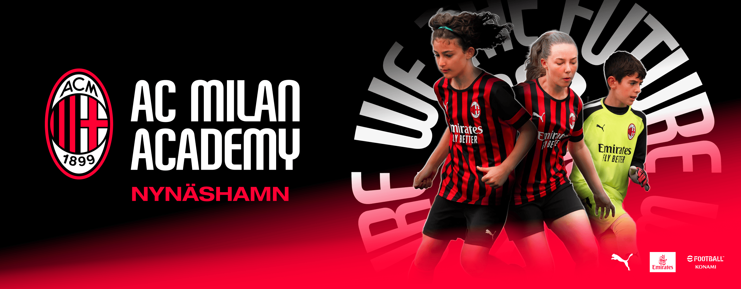 Milan Academy Nynashamn logo with children next to it cheering after a goal