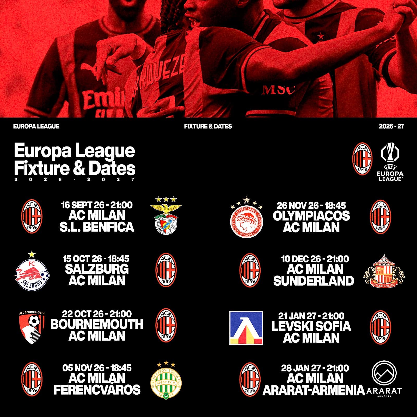 EUROPA LEAGUE 2026/27, IL CALENDARIO ROSSONERO