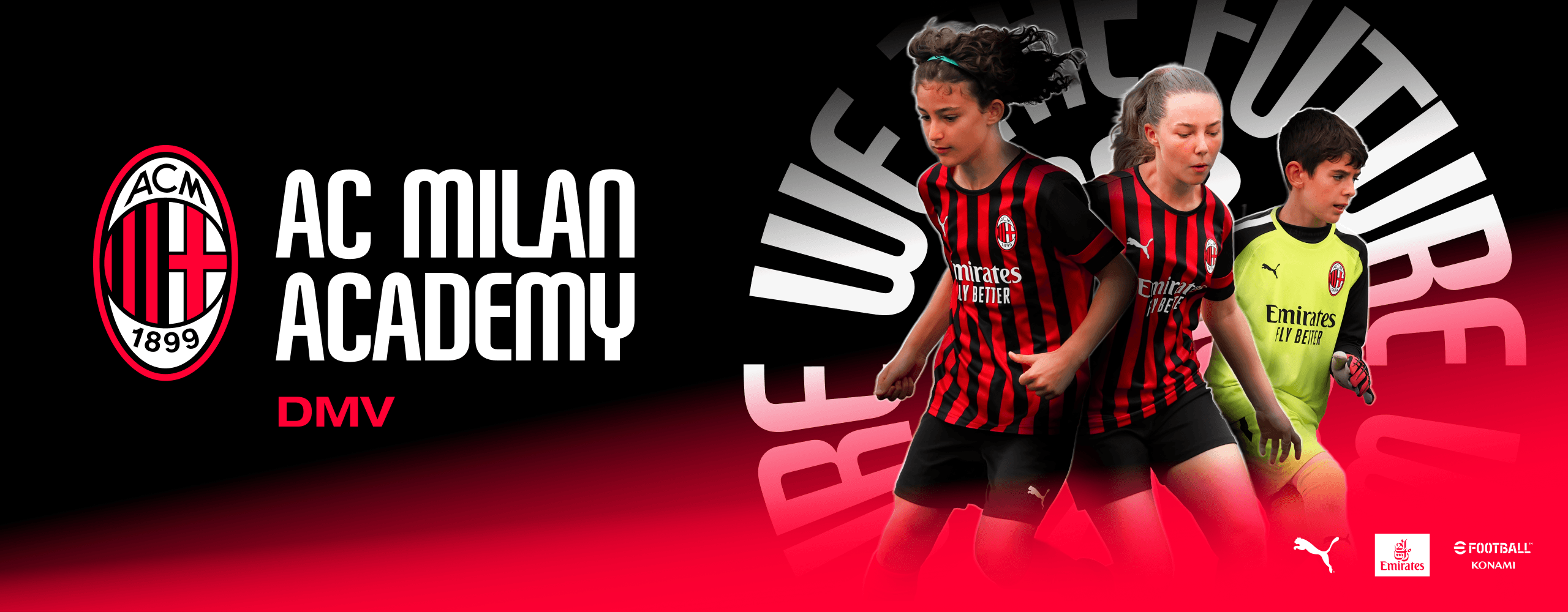 Milan Academy DMV logo with children next to it cheering after a goal
