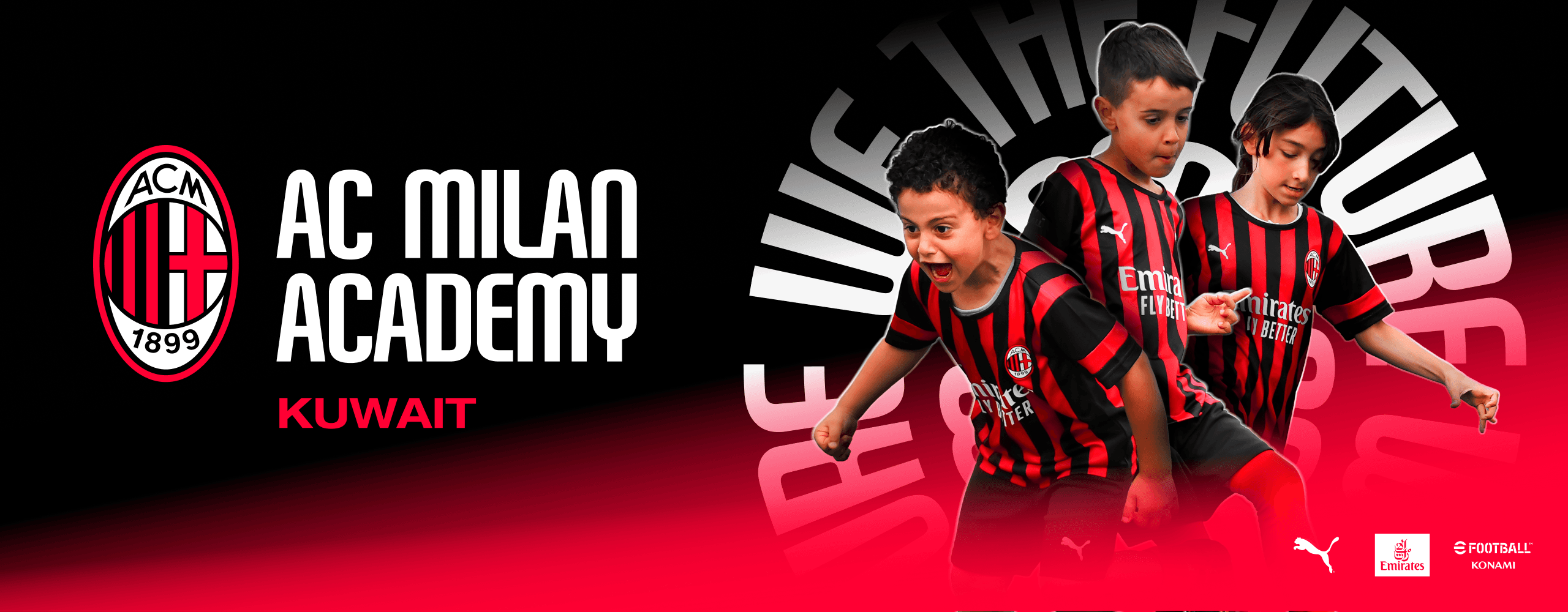 Milan Academy logo Kuwait with children next to them cheering after a goal